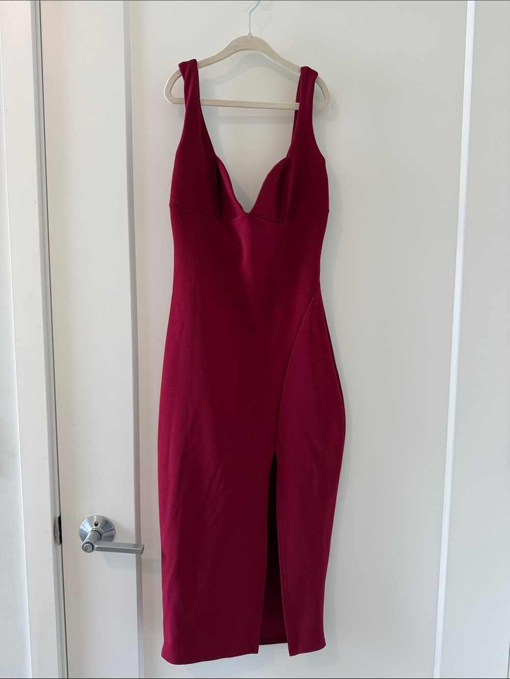 Nasty Gal Deep Burgundy V-Neck Midi Dress with Front Slit